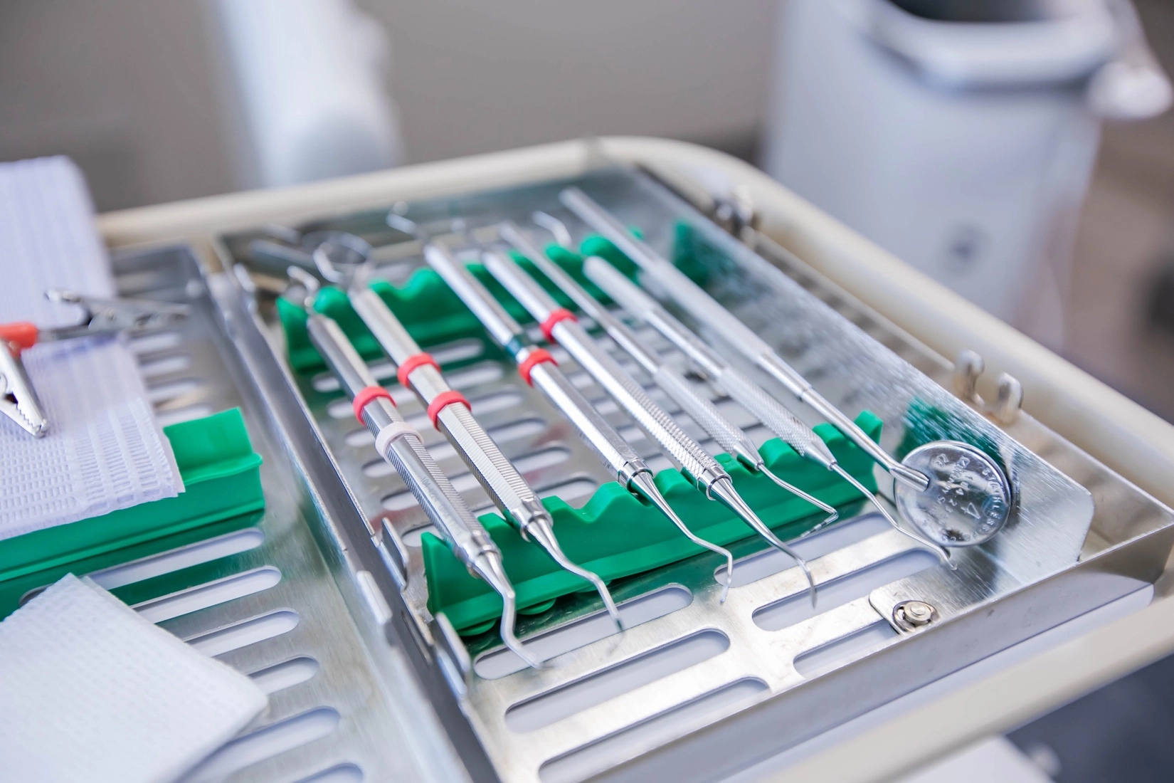 Sterilized dental tools neatly arranged on a tray at Rosemary Heights Dental in Surrey, BC